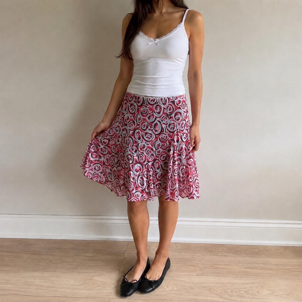 Vintage Fairy Pink Abstract Floral Mesh Midi Skirt Women 10 Aline Coquette Y2K